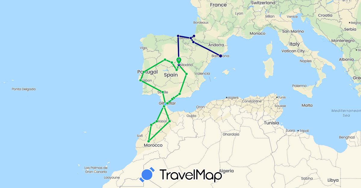 TravelMap itinerary: driving, bus, boat in Spain, France, Gibraltar, Morocco, Portugal (Africa, Europe)